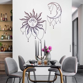 Sun and Moon Wall Decal, Crescent Ethnic Symbol Wall Sticker, Headboard Master Bedroom Bohemian Décor, Removable Boho Meditation Art Murals Décor for Living Room, Bedroom, TV Wall