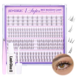 JIMIRE Wispy Bottom Lash Clusters 4 Styles Mix Natural Bottom Lashes with Thin Band Soft Bottom Eyelash Clusters 207Pcs DIY Bottom Lash Extension Kit with Lash Glue