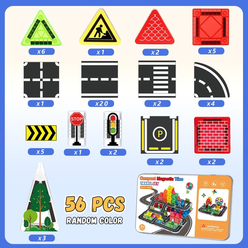 kocojrff Mini Road Magnetic Tiles Set, Travel Magnatiles with Metal