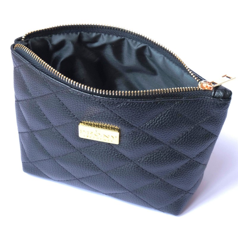 PEONY SUPREME Luxury Classy Black Quilted PU Leather Makeup Bag