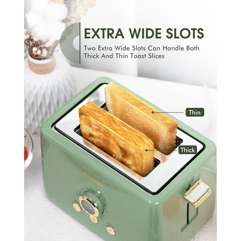 2 Slice Toaster, Retro Bread Toaster with LED Display, Extra