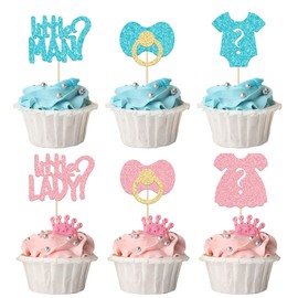 24 piezas de decoración para magdalenas para niños o niñas, con purpurina, para revelar el género, con signo de preguntas, para cupcakes, hombrecito o dama, decoración de tartas para niños, cumpleaños, revelación de género, fiesta