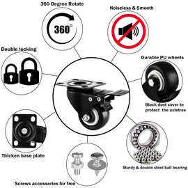 1.5" Casters Set of 20 Heavy-Duty Industrial Caster Wheels with Brake PU No Noise Wheels Double Locking and Double Ball Bearing Swivel Locking Casters for Workbench, Furniture, Plate Castors Black