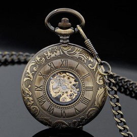 Alwesam Vintage Hand Wind Up Pocket Watches for Men, Roman Numerals Scale Mechanical Pocket Watch with Chain,Double Open Mens Skeleton Pocket Watch(Bronze)