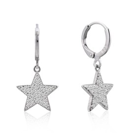 925 Sterling Silver Big Star Rhinestone Hoop Dangle Earrings for Women