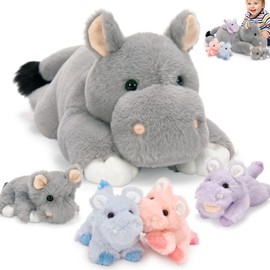 MorisMos 40 cm Long Hippo Cuddly Toy XXL with 4 Babies in the Belly, Soft Hippo Plush Toy, Hippo Teddy Birthday Christmas Gift Children Baby
