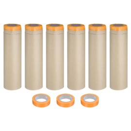uxcell 6Rolls Pre-Taped Masking Film, 17.7ft x 49ft with 3 Extra Painters Tape, Plastic Drop Cloth with High-Tack Painters Tape for Painting Protection, Orange