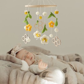 Nursery Mobile for Boys Girls, Boho Bee Flower Nursery Decor Soothe Toy, Shower Set for Infant Bedroom Hanging Decoration, Yellow
