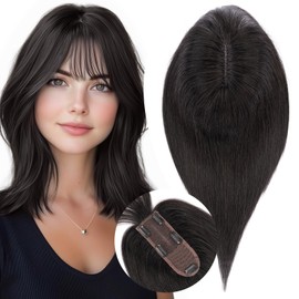 S-noilite Hair Toppers for Women Real Human Hair, 100% Real Human Hair Toppers with Bangs for Women with Thin Hair,2.25"*6" Lace Silk Base 14 inch Natural Black