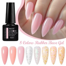 MEET ACROSS 8 Colors Rubber Base Gel Set, Jelly Builder Base Nail Gel Nude Sheer White Pink, 2-in-1 Skin Tones Gold Foil Soak Off Base Gel Nail Strengthener Swirl Thread Effect