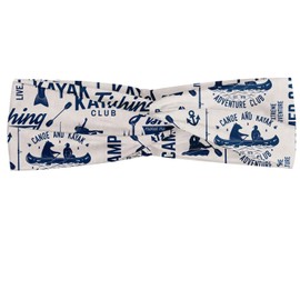 Lunarable Kayak Headband for Women, Canoe Kayak Club Advert with and Bear Silhouette Sports Themed Print, Elastic Comfy Hair Accessory Knotted Head Wrap Everyday Use, XS-S, Blue Coconut
