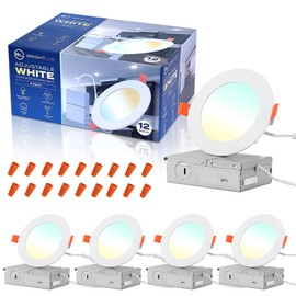 BRIGHTLUX 12PK 4inch 5CCT LED Recessed Lighting, 5 Color Temperature in 1 Light, 10-100% Dimming Range, 8W, 800LM, 2700K/3000K/3500K/4000K/5000K Selectable, Retrofit Wafer Light with Baffle Trim, ETL