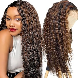 AiPliantfis Deep Wave Human Hair Wig, Brown, 13 x 6 (33x15 cm) Real Hair Wig, Women's P430 Highlight, Glueless Human Hair with Natural Hairline Free Part, Bleached Knots, Brazilian Remy Hair, 18