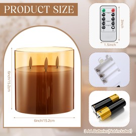 Retisee 1 Pcs 6'' x 6'' Extra Large Flameless Candles, 3 Wick Glass Large Candles with Remote Control and Timer Function, Real Wax LED Pillar Decor Flickering for Home Party Decor (Gold)