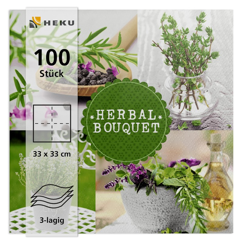 HEKU 100 napkins, 3-ply, 33 x 33 cm, herbs, absorbent