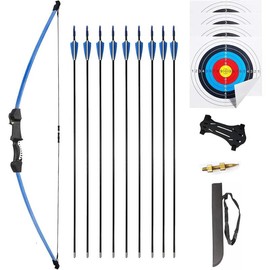 45" Youth Bow and Arrows Set for Kids Aged 8-16-Recurve Archery Beginner Kit with 9 Arrows and 4 Target Faces-Ideal Outdoor Hunting Play Gift Toys for Backyard Games - Color: blue