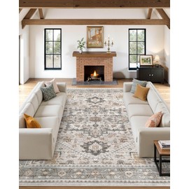 Micgeek 8x10 Vintage Area Rug: Washable Neutral Soft Non Slip Thin Large Floor Carpet for Living Room Bedroom Kitchen Dining Room Home Office Farmhouse Indoor - Taupe