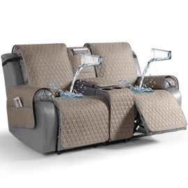 TAOCOCO 100% Waterproof Loveseat Recliner Cover with Console, Non-Slip Washable Reclining Couch Cover for 2 Seats, Furniture Protector for Dogs, Taupe