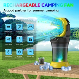 Misting Fan Portable 42800mAh Battery Powered with Remote Control, Camping Fan with RGB Ambient Light with 2L Bucket, Battery Indicator, 120° Auto Oscillating, Timing Function, Grip Handle