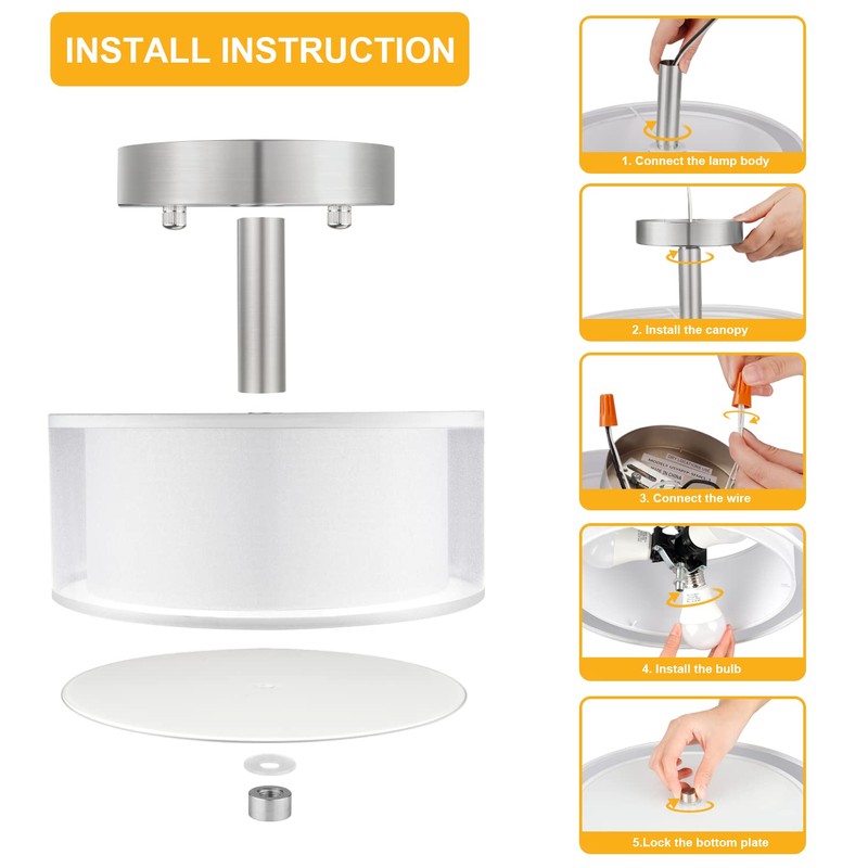 FOLKSMATE 3-Light Semi Flush Mount Ceiling Light Fixture, Drum Light