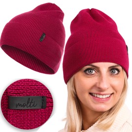 Molti Women's Warm Hat, 100% Wool Slouch Knitted Autumn/Winter Beanie for Hat, Choice of Colours, Size 55-60, red