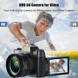 6K Digital Camera for Photography, 64MP Vlogging Camera for YouTube with 3" 180° Flip Screen, 16X Zoom Autofocus Compact Travel Beauty Cameras for Teens, with 32GB TF Card
