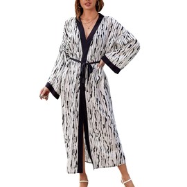 Chunoy Women Black Striped Long Open Front Bathing Suit Dress Lightweight Cardigan Long Sleeve Kimono Cover Up White