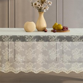 HLC.ME Jolene Floral Lace Fabric Tablecloth, Lace Fabric Table Cloth for Small Rectangle Tables, Wrinkle Resistant Tablecloth, Patterned Scalloped Tablecloth (54 W x 72 L, Linen Taupe)