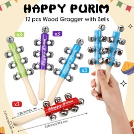 Lenwen 12 Pcs Happy Purim Wood Gragger with Bells Colorful Purim Noise Maker Toys Musical Instruments Gifts for Party Celebration Fun Decorations Holiday Favors Goodie Bag Fillers