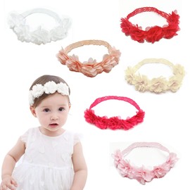Baby Girls Delicate Chiffon Flowers Crown Headbands Soft Elastic Lace Princess Hair Bands for Newborn Infant Toddler Hair Accessories Set (White, Pink, Peach, Red, Beige, Rose Pink, 6 Pcs)