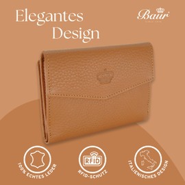 Baur Women's Genuine Leather Purse | Purse with RFID Protection | Small Wallet Many Card Slots | Wallet with Press Stud Closure | Women's Wallet, Cognac, 13,5x10,5x2,5cm, Classic