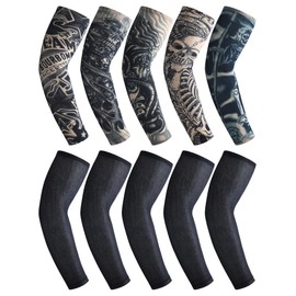 Boao 10 Pairs Arm Tattoo Sleeves for Men UV Sun Protection Arm Compression Sleeves for Gardening Sport Cycling Fishing (Skull Style)
