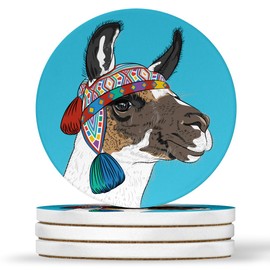 Llama Colorful Design - Round Coasters, Natural Sandstone - Set of 4