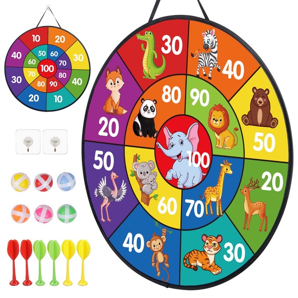 LAMEK Velcro Dartboard Children's Double-Sided Dart Game 66 cm Foldable Animal Velcro Ball Game with 6 Sticky Balls 6 Darts Throwing Game Board Indoor Outdoor Throwing Game for Boys and Girls from 3