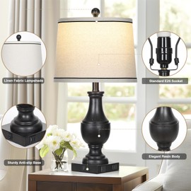 Vintage Farmhouse Lamps Set of 2, 25" Rustic Retro Table lamps with USB A+C Charging Ports & AC Outlet, Antique Resin Traditional Bedside Lamp with Linen Fabric Lampshade for Living Room Bedroom Black