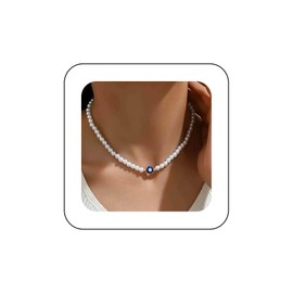 Inlibran Boho Pearl Choker Necklace White Beads Strands Vintage Evil Eye Adjustable Blue Pearl Jewelry for Women