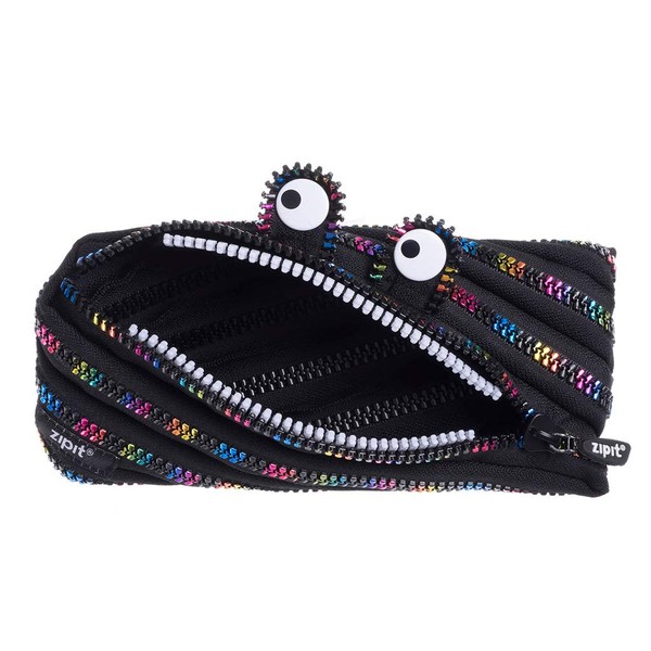 ZIPIT Monster Pencil Case for Kids, Large Capacity Cute Pencil Pouch, Holds Up to 30 Pens, Made of One Long Zipper (Black & Rainbow)