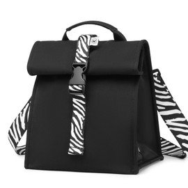 SUNNY BIRD Insulated Lunch Bag Rolltop Lunch Box Tote Bag for Women, Men, Adults and Teens (Black with white strap)