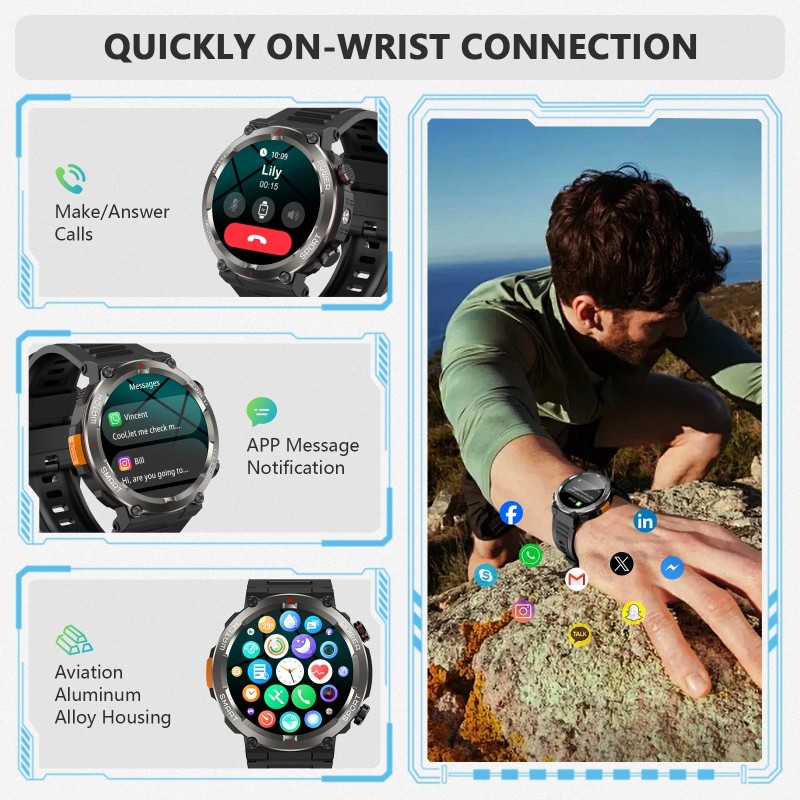 Reloj inteligente militar para hombre (recepción/marcación de llamadas) resistente táctico