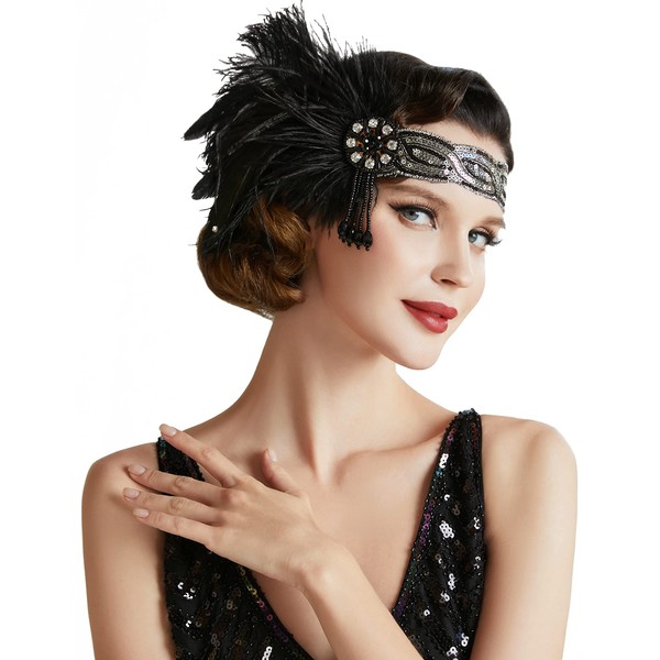 BABEYOND 1920s Vintage Headband Roaring 20s Flapper Headpiece with Feather 1920s Great Gatsby Costume Accesories (Black-2)