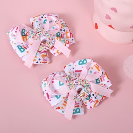 3.5in Glittery Happy Birthday Ribbon Hair Bow Clips for Teens Toddler Girls Pink Sprinkle Confetti Ice Cream Party Dress Pigtail Decoration Accessories for Kids 5th Birthday
