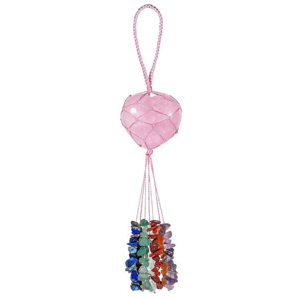 SUNYIK Healing Rose Quartz Stone Heart Shape Hanging Ornament, Handmade Tumbled Crystal Stones Tassels Decoration for Garden Car Chakra Balancing