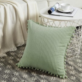 Fancy Homi Pack of 2 Sage Green Euro Decorative Throw Pillow Covers 26x26 Inch with Pom-poms, Soft Corduroy Solid Square Cushion Case for Couch Sofa Bedroom Car Living Room 66x66 cm