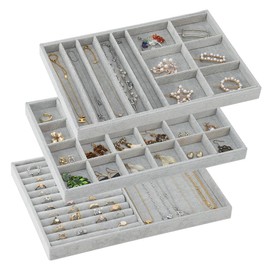 SUPERLELE 13.8in Jewelry Organizer Trays, Large Stackable Jewelry Tray for Drawers, Jewelry Storage for Earring Ring Necklace Bracelet, Grey, Set of 3