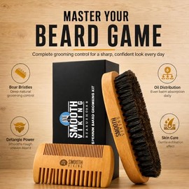 Beard & Mustache Brush and Comb Kit - Boar Bristle Beard Brush & Wooden Grooming Comb - Facial Hair Care Gift Set for Men - Distributes Products & Wax