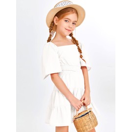 Batermoon Girls Summer Dress Square Neck Short Sleeve Crossover Waist Casual A-line Mini Dress White