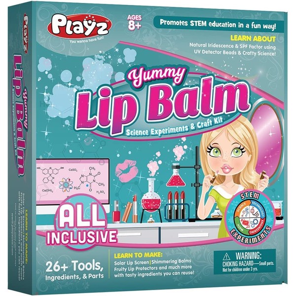 Playz Yummy Lip Balm Makeup Arts & Craft Kit to Create Fruity Lipstick, Shimmering Balms, & Solar Lip Screens Using Science Experiments for Girls, Teens, Teenagers & Kids Ages 8+