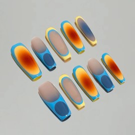 MISUD Press on Nails - Long Coffin Fake Nails with Blue Yellow, Acrylic Ombre French Tip Design 24 pcs