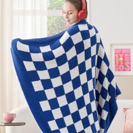 Bedsure Super Soft Knit Throw Blanket - Warm Cozy Reversible Checkered Blanket, Fluffy Fuzzy Plush Lightweight Print Blanket for Couch Sofa Bed (50" x 60"), High Tide
