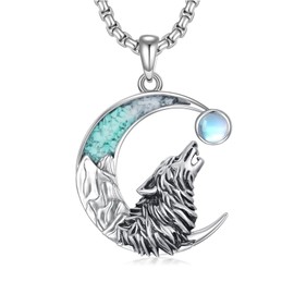 Flpruy Howling Wolf Pendant Necklace 925 Sterling Silver Turquoise Crescent Moon with Mountain Necklace Wolf Jewelry Gifts for Men Women